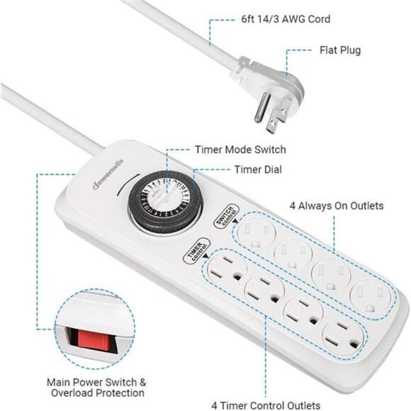 Mechanical Timer Power Strip with 8 Outlets, Flat Plug, 6ft Long Cord - Picture 2 of 6